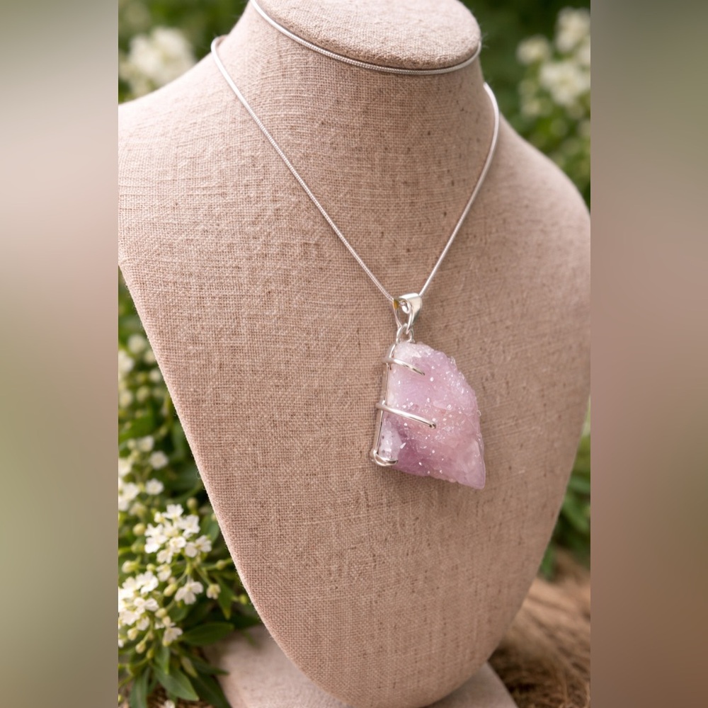 Sterling Silver 925 Stamped Spirit Quartz Pendant Unique Shape Raw Druzy Sparkly